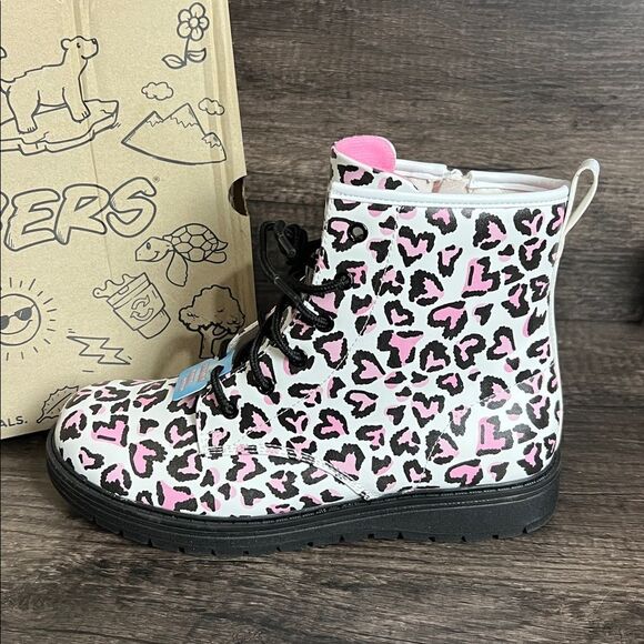 Skechers Big Girls Size 5 White & Pink Leopard Print Zip & Lace Up Moto Boot NEW - Picture 4 of 9